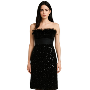 Black Strapless Dress with Feather Accents